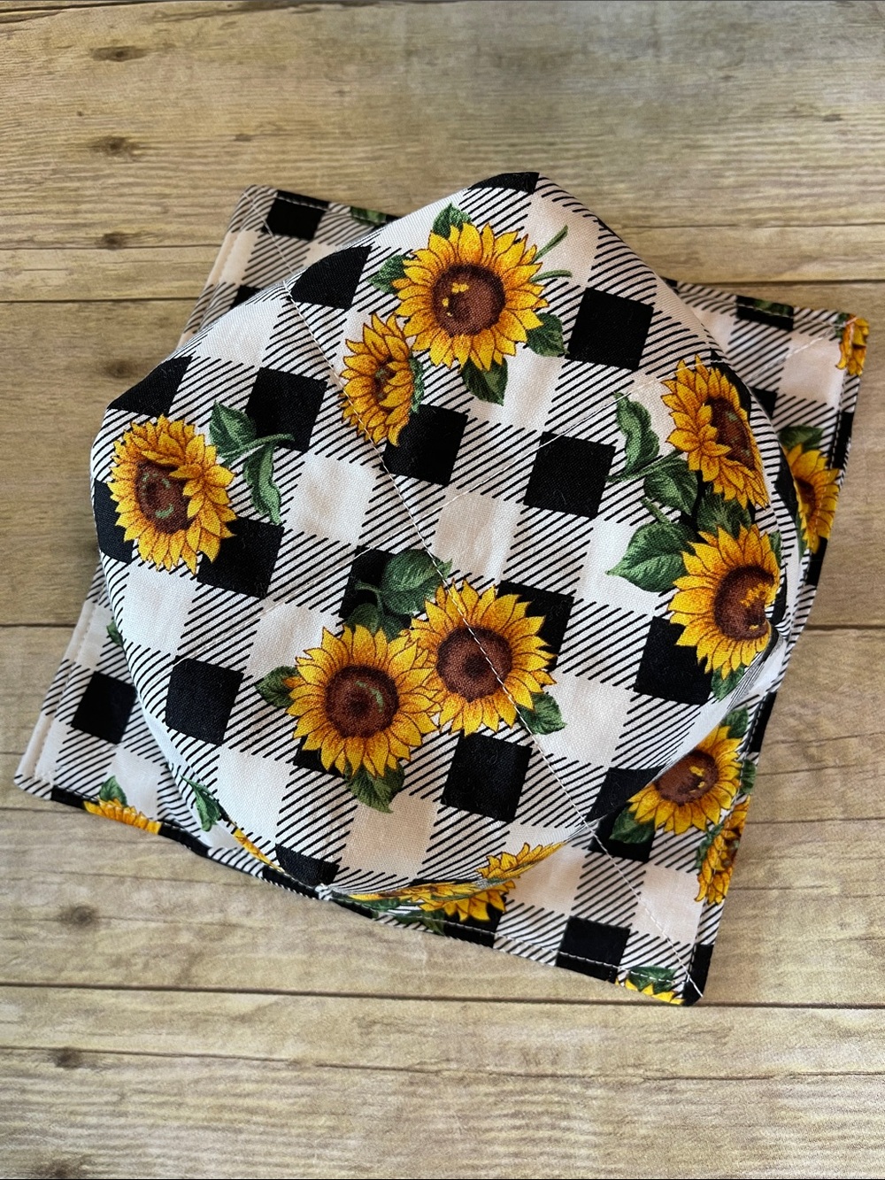 Microwave Bowl Cozy Reversible Sunflowers 100% Cotton Buffalo Check